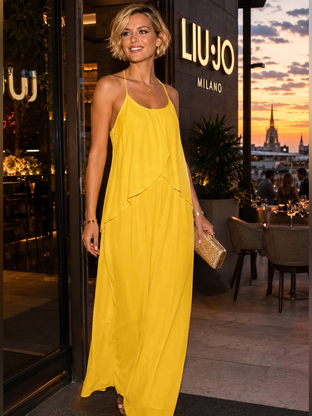 🌸Liu Jo Bright Yellow Spaghetti-Strap Layered Maxi Dress Made in Italy 🇮🇹 size M